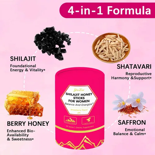 Miniatura 3 de Palitos de Miel de Sálvia y Shilajit de Fresa para Mujeres, Palitos de Miel para Mujeres con Extracto de Azafrán y Shatavari y Resina de Shilajit