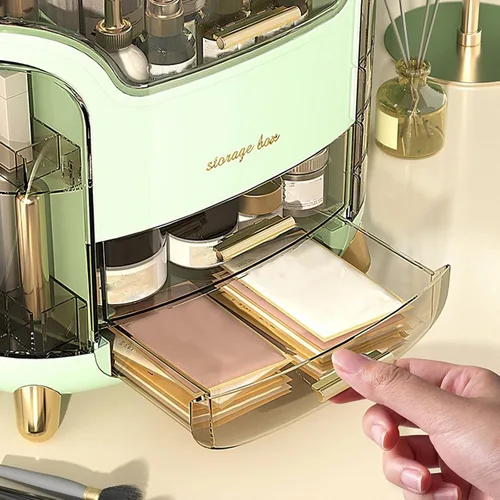 Miniatura 7 de Organizador de maquillaje para tocador, organizador de cuidado de la piel impermeable y a prueba de polvo con tapa y cajones, caja de almacenamiento