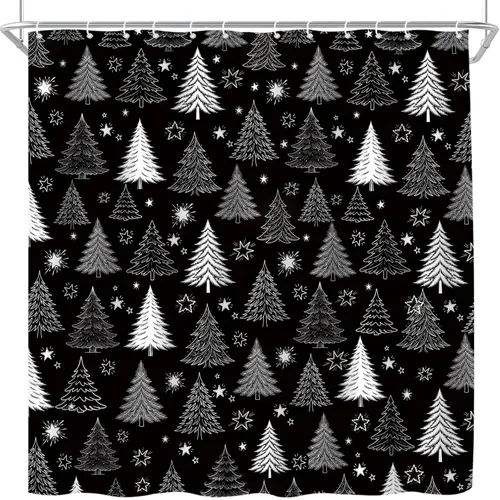 Miniatura 2 de Cortina de ducha con diseño de árbol de Navidad, color negro y blanco, diseño de árbol de Navidad retro, copo de nieve, diseño de pino de Año Nuevo