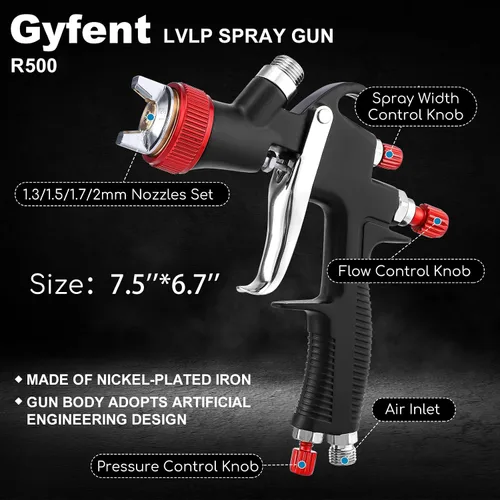 Miniatura 3 de R500 LVLP - Pistola de pulverización de aire premium, pistola de pintura automotriz con boquillas de 1.3/1.5/1.7/0.079 in y 18 piezas de accesorios