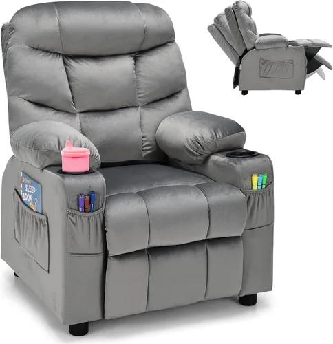 Costzon Silla Reclinable para Niños con Portavasos, Silla de Descanso de Terciopelo Ajustable con Reposapiés y Bolsillos Laterales para Habitación