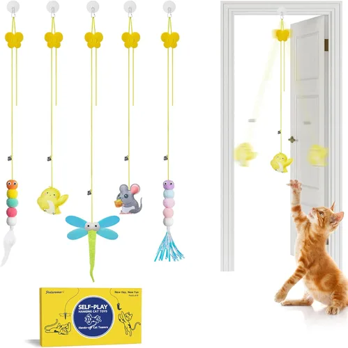 Potaroma Juguetes Interactivos de Plumas para Gatos 5 Piezas, Teaser para Gatos Retráctil Colgante para Interiores Juego de Gatitos Persecución