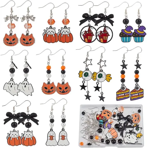 Miniatura 11 de SUNNYCLUE 1 caja de bricolaje para hacer 10 pares de aretes colgantes con temática de Halloween, kits de fabricación de joyas, calavera, calabaza