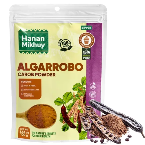 HANAN MIKHUY Algarrobo en polvo 100% natural - Sin gluten, vegano, sin OMG, superalimento de alto contenido de fibra de Perú sin cafeína y sin