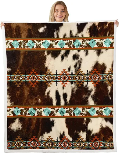 Miniatura 10 de Erosebridal Manta de forro polar de piel de vaca con estampado de leopardo marrón, manta occidental de 50 x 60 pulgadas, manta con estampado de vaca