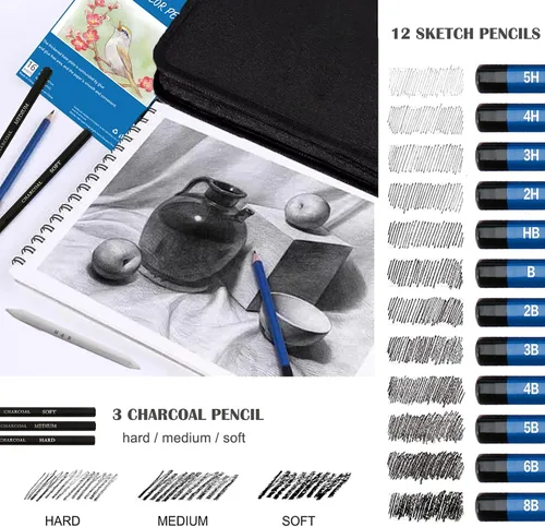 Miniatura 4 de 146 piezas de lápices de colores para dibujo y bocetos, suministros de arte incluyen lápices de carbón, coloreados, metálicos, acuarela, grafito