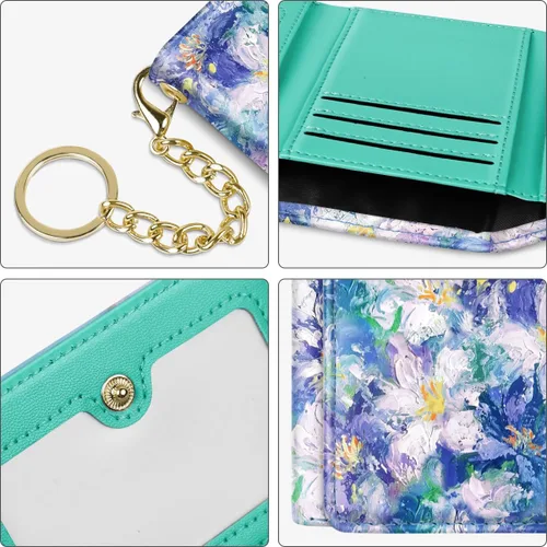 Miniatura 7 de Billetera triple para mujer, pequeña, delgada, con bloqueo RFID, bonito tarjetero de cuero con bolsillo largo para efectivo y llavero, Azul Flores