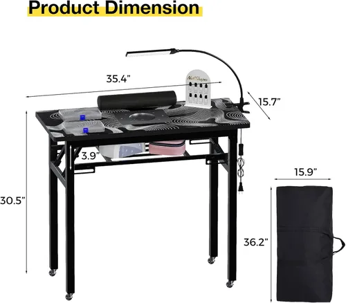 Miniatura 3 de Mesa de manicura plegable portátil con colector de polvo, escritorio de tecnología de uñas rodante con lámpara LED, reposamuñecas, ruedas