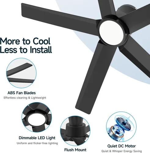 Miniatura 6 de ocioc Ventiladores de techo de 44 pulgadas con luces y control remoto, ventiladores de techo regulables con motor de CC silencioso reversible, Negro