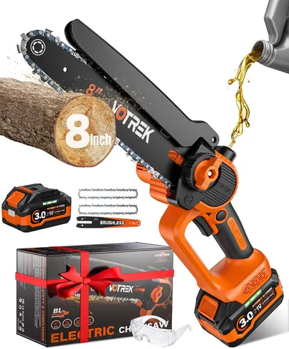 Miniatura 9 de Regalo único para hombres: Mini motosierra inalámbrica de 8 pulgadas y 6 pulgadas, potente y segura motosierra eléctrica de mano con 2