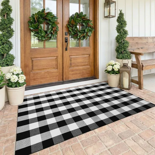 Miniatura 10 de KOZYFLY - Alfombras de área a cuadros de búfalo de 2x3 pies, alfombra a cuadros en negro y blanco lavable, alfombra de puerta delantera tejida a