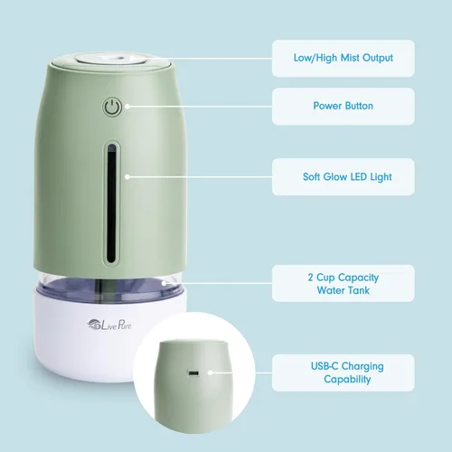 Miniatura 2 de LivePure Humidificadores de niebla fría para dormitorio. Humidificador pequeño para bebés, guardería, plantas, oficina. Humidificador ultrasónico
