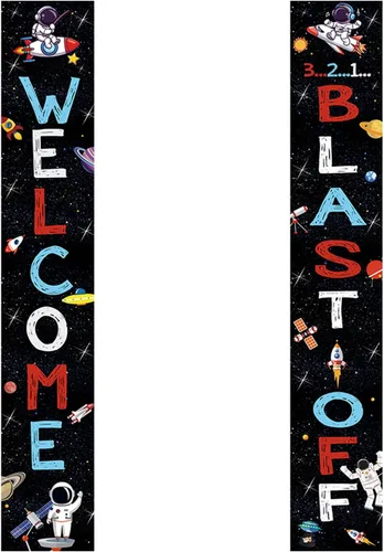 Miniatura 6 de Spaceship Welcome Blast Off Door Banner, cartel de porche y telón de fondo para fiesta de cumpleaños