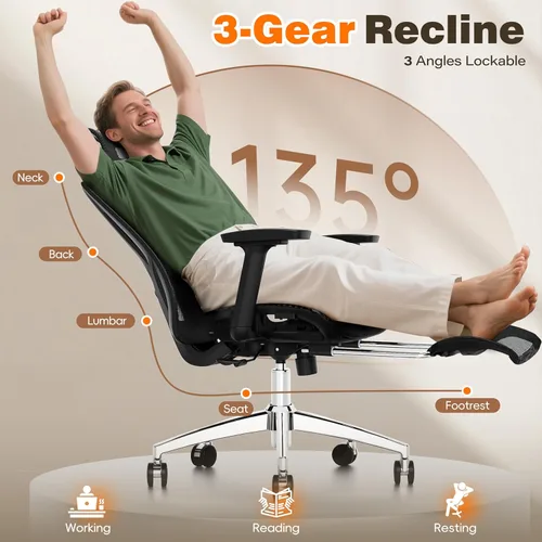 Miniatura 4 de GABRYLLY Silla de oficina ergonómica con reposapiés, silla de escritorio reclinable de 135° con soporte lumbar ajustable, reposabrazos 3D, Negro