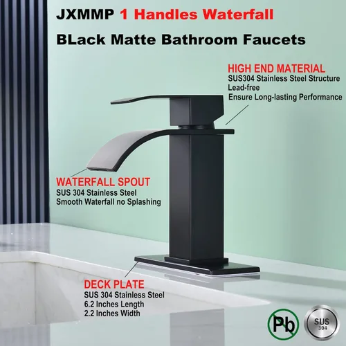 Miniatura 3 de Grifo de baño de cascada negra de un solo agujero, grifo de lavabo de baño con escurridor desplegable y placa de cubierta para instalación de 3