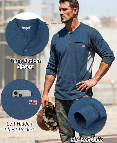 Miniatura 3 de BOCOMAL Camisas FR para verano, transpirable, diseño ventilado, 6 onzas, jaspeado, camiseta de manga larga, Henley, resistente al fuego, camisa