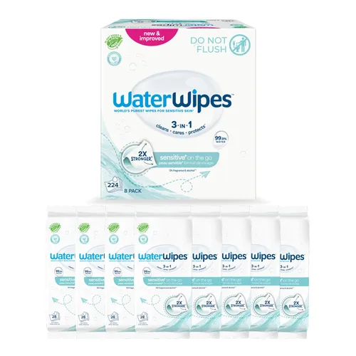 Miniatura 13 de WaterWipes Sensitive+ On The Go Wipes, 3 en 1 limpia, cuida, protege, 99.9% de agua, toallitas húmedas hipoalergénicas y sin perfume, 28
