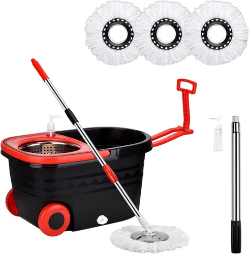 Miniatura 12 de Juego de trapeador giratorio y cubo, trapeador giratorio 360 y cubeta de acero inoxidable, sistema de limpieza de suelos, con 3 cabezales de Negro-1