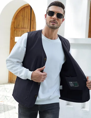 Miniatura 2 de Gihuo Chaleco de viaje para hombre, casual, con múltiples bolsillos, cuello en V, con botones, de algodón, chaleco de trabajo