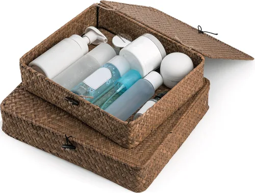 Miniatura 6 de Elsjoy Paquete de 2 cubos de almacenamiento planos de mimbre tejido con tapa y palanca de madera, juego de cestas de hierba marina naturales hechas