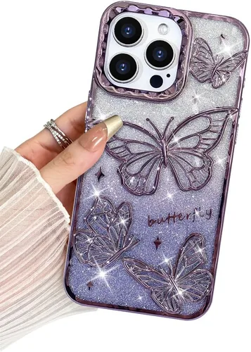 Miniatura 13 de BITOBE Diseñada para iPhone 15 Pro Max, bonita funda de mariposa 3D chapada en purpurina delgada para mujeres y niñas, protección de cámara, Negro