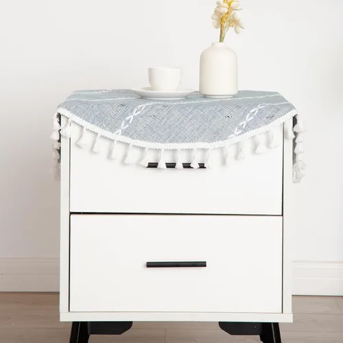 Mantel Redondo Pequeño de Lino Rústico para Mesita de Noche con Rayas Bordadas Lavable Azul Cubierta de Mesa Estilo Granja con Puntadas y Borlas