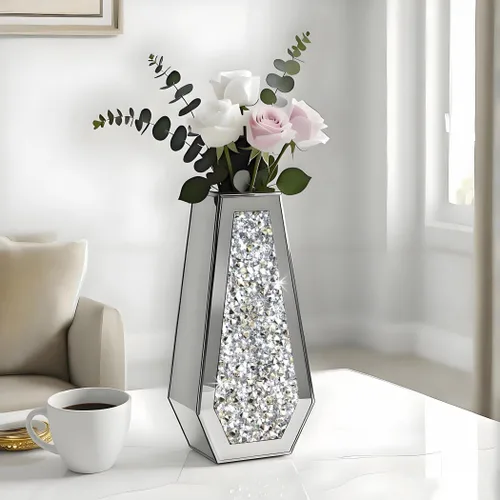 Miniatura 3 de ALLARTONLY Jarrón de Flores Jarrón Espejado de Diamante Triturado Cristal Plateado Vidrio Jarrón Espejo Decorativo Tamaño Grande Lujo