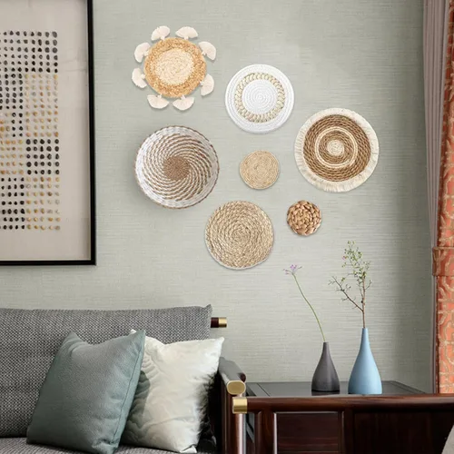 Miniatura 7 de Paquete de 7 cestas de pared bohemias – Decoración de pared de mimbre de ratán de hierba marina redonda hecha a mano colgante rústica plana elegante