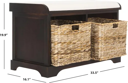 Miniatura 3 de SAFAVIEH Home Collection Freddy Marrón/ Cesta de mimbre, banco de almacenamiento con 2 cajones y cojín, completamente ensamblado