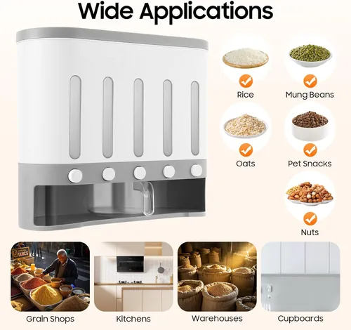 Miniatura 7 de Dispensador de arroz con taza, dispensador de alimentos secos de 5 rejillas montado en la pared, cubo de arroz, contenedor de almacenamiento