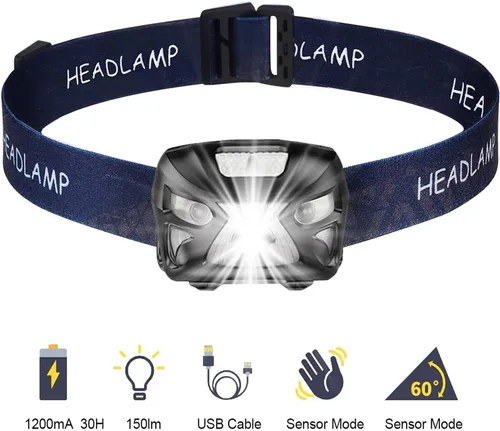 Miniatura 4 de Linterna frontal LED, faros delanteros recargables por USB con detector de movimiento, 300LM IPX4, luces de trabajo LED impermeables con 8 modos
