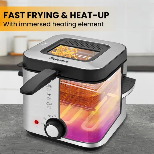 Miniatura 4 de Pukomc Freidora Eléctrica Profunda, Capacidad de Aceite de 1.5 Litros/1.6 Qt, Freidora Profunda Pequeña con Cesta para Uso Doméstico, Laterales
