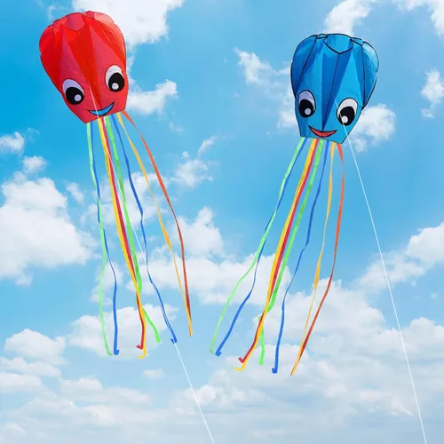 Miniatura 3 de Paquete de 2 cometas de pulpo grandes sonrientes mejoradas, fáciles de volar, cometas largas y coloridas para niños y adultos, actividades al aire