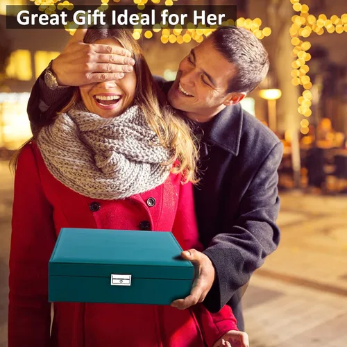 Miniatura 5 de SIMBOOM Joyero organizador para mujeres y niñas 2 capas de almacenamiento de joyas grande con cerradura organizador de joyas y relojes de cuero