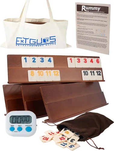 Extguds Deluxe Rummy Cube Juego de 106 fichas, juego clásico de madera, con 4 bastidores de madera hechos a mano, bolsa de lona portátil, juego de