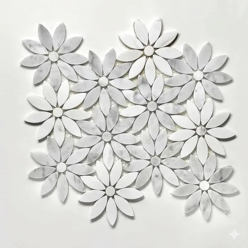 Miniatura 3 de Tenedos Margarita Flor de 10 x 12 pulgadas - Carrara italiana blanca y gris con mármol Thassos pulido mosaico para cocina, baño, pared o ducha