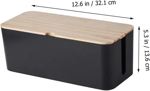 Miniatura 2 de Cable Storage Box with Natural Wood Lid Medium Black Power Line Organizer Household Wire Storage Case for Charging Cables and Socket Management for