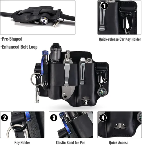 Miniatura 4 de Funda multiherramienta de cuero, organizador de cinturón EDC para herramientas Leatherman, linterna, bolígrafo y clip para llavero, duradero