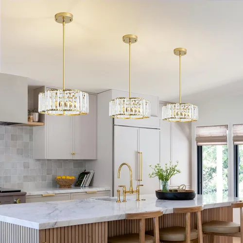 Miniatura 2 de Candelabro pequeño de cristal dorado, lámpara moderna de 3 luces para comedor sobre la mesa, accesorio de iluminación redondo para pasillo
