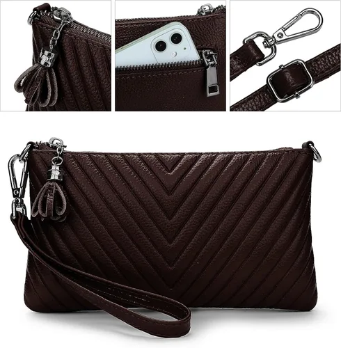 Miniatura 5 de YALUXE Cartera de cuero real con borla de cheurón grande en V con correa para el hombro