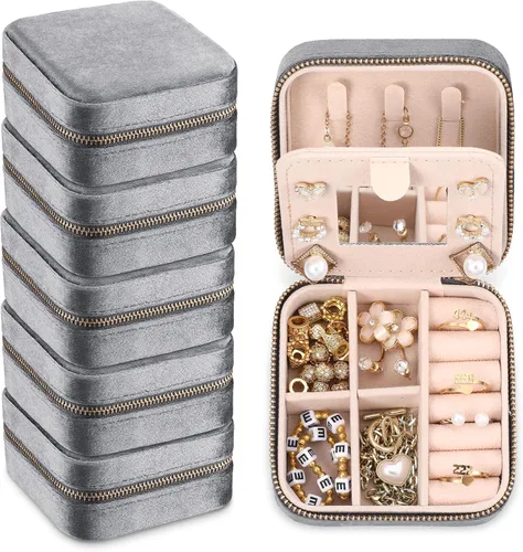 Yinkin Joyero de viaje portátil de 6 piezas, caja de regalo de dama de honor, joyero de terciopelo, pequeño organizador de joyas de viaje, mini