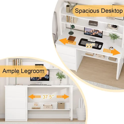 Miniatura 5 de MaverickFurni Escritorio blanco con gabinete, escritorio de computadora de 55 pulgadas con 3 cajones para dormitorio, escritorio de estudio