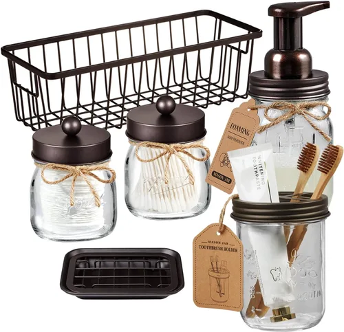 Miniatura 9 de SheeChung Juego de 6 accesorios de baño Mason Jar - Dispensador de jabón espumoso, soporte para cepillos de dientes, 2 soportes Qtip, juego de Negro