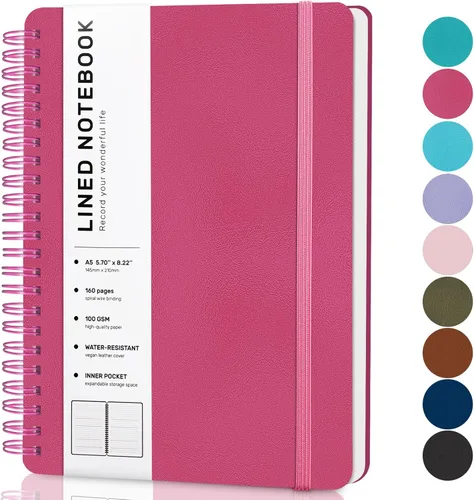 Miniatura 15 de Cuaderno de diario con líneas en espiral, cuaderno A5 de cuero de tapa dura para el trabajo, 5.7''×8.2'', papel grueso de 100GSM encuadernado