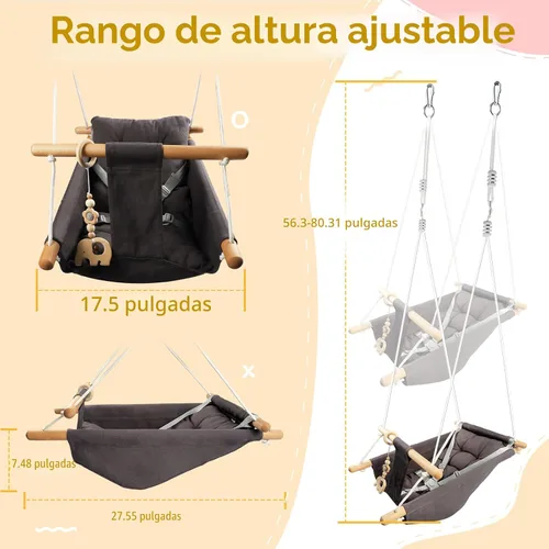 Miniatura 6 de Columpio para bebé al aire libre e interior para bebés y niños pequeños, columpio portátil ajustable para porche con cinturón de seguridad de 5 Gris