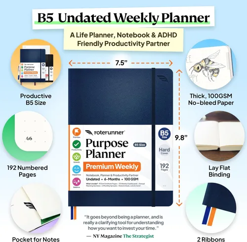 Miniatura 2 de Roterunner Cuaderno Planificador de Propósitos B5 19,1x24,9 cm Planificador Sin Fechas 2026 Planificador Diario, Semanal y Mensual de Productividad
