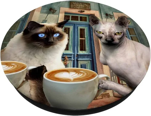 Miniatura 2 de Gato siamés sin pelo esfinge gatito gatos beber café PopSockets intercambiables PopGrip