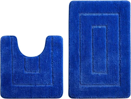 Miniatura 7 de WPM - Juego de alfombras de baño, toallas y cortina de ducha, juego de alfombras de baño con estampado de enrejado de color azul real