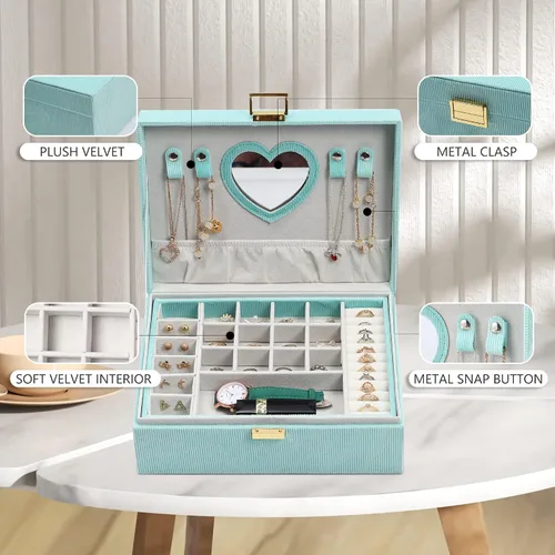 Miniatura 6 de Dajasan Cajas de joyería para mujeres y niñas, caja organizadora de joyas, caja de joyería grande de terciopelo de 2 capas para anillos, collares