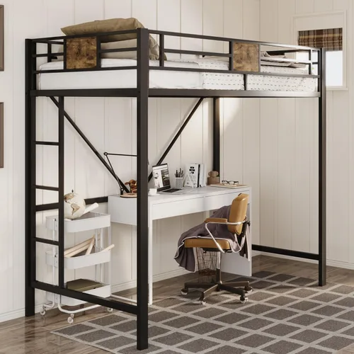 Miniatura 3 de Allewie Marco de cama de metal tamaño individual con escaleras y barandilla, muebles pequeños que ahorran espacio para dormitorio, habitación